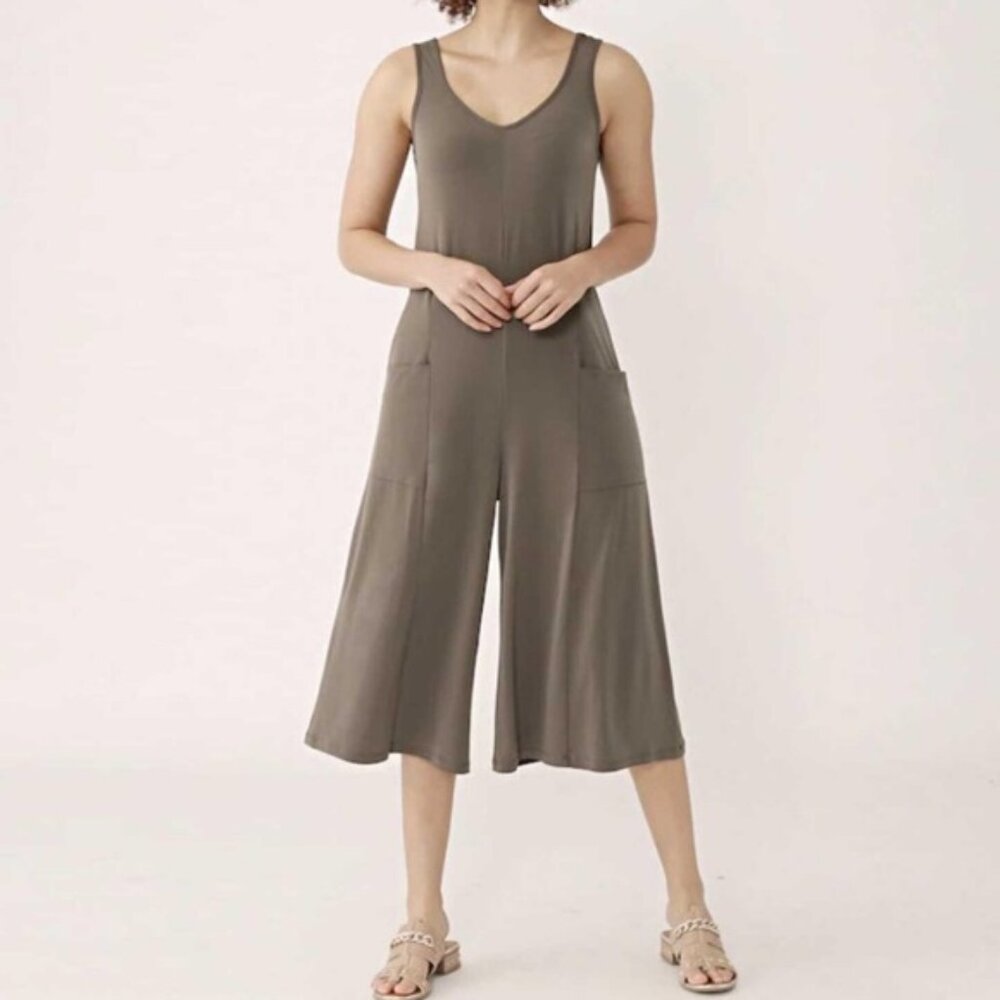New Kim & Co Olive Green Cropped Gaucho Wide Leg Jumpsuit Size Large bin 4A